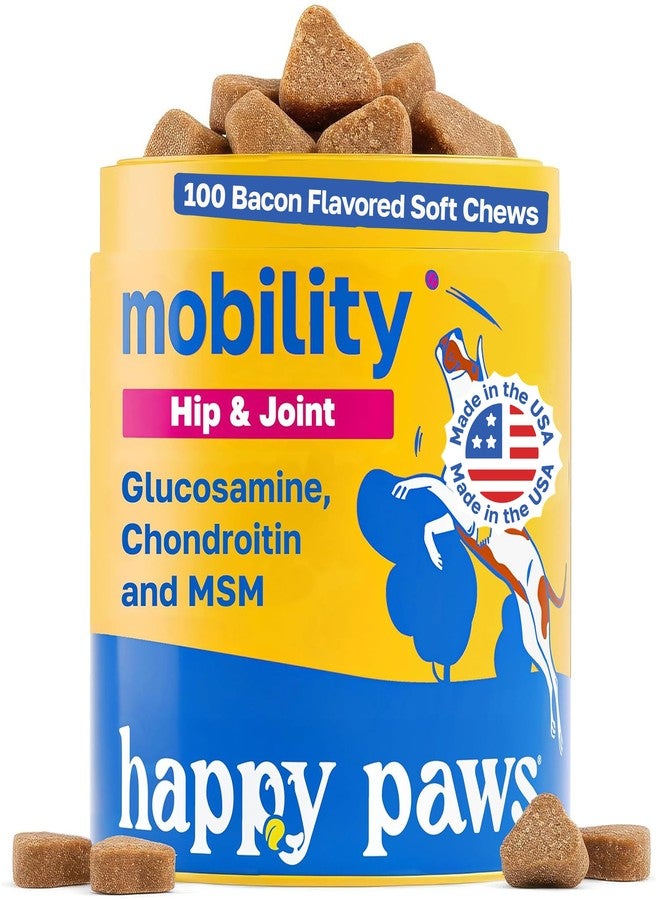 Happy Paws Hip & Joint Supplement for Dogs, Glucosamine Chondroitin for Dogs of All Breeds, Joint Support Soft Chews with Hyaluronic Acid & Turmeric, Vegan Bacon Flavor, Non GMO, 100 Soft Chews - Image 1