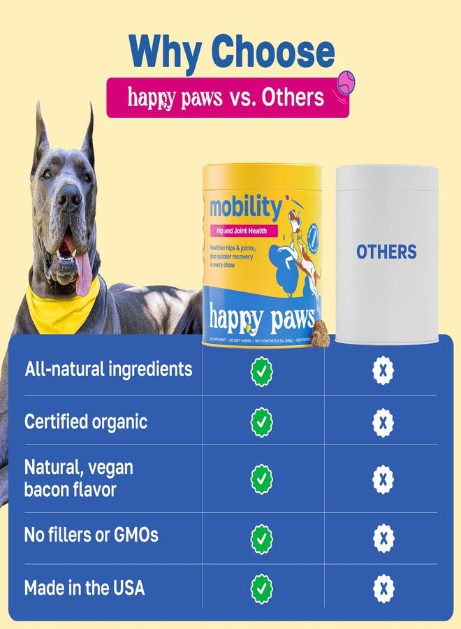 Happy Paws Hip & Joint Supplement for Dogs, Glucosamine Chondroitin for Dogs of All Breeds, Joint Support Soft Chews with Hyaluronic Acid & Turmeric, Vegan Bacon Flavor, Non GMO, 100 Soft Chews - Image 4