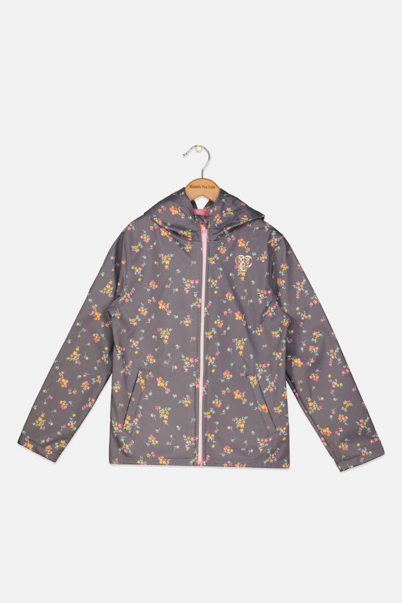 Body Glove Kids Girls Floral Print Softshell Jacket, Grey - Image 1