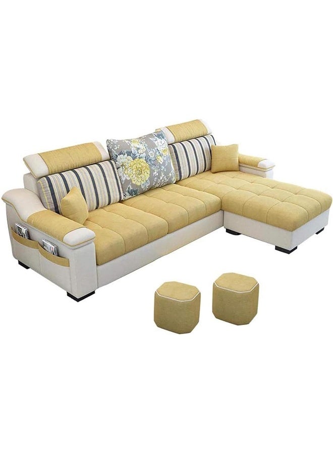 Poppins HOME L Shape sofa 3 Seat Linen Living Room Sofa Set Home Furniture Modern Design Frame Soft Sponge Shape Home Furniture(Foot ped + 2 cloth stool) (Multi Yellow) - Image 1