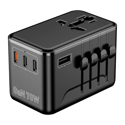 URJD 70W GaN Universal Travel Adapter for India, 9-in-1 Multi Plug with Indian 3-Pin | 4 USB-C/A Fast Charger + 2500W AC Socket | Worldwide Travel Plug - Image 1