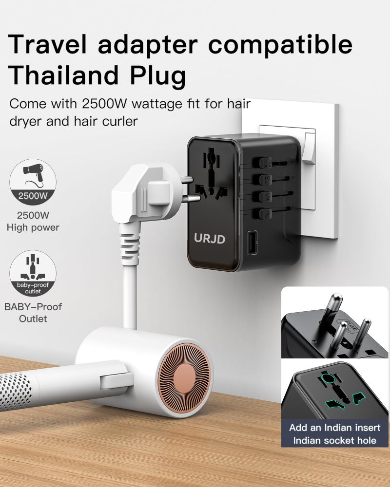 URJD 70W GaN Universal Travel Adapter for India, 9-in-1 Multi Plug with Indian 3-Pin | 4 USB-C/A Fast Charger + 2500W AC Socket | Worldwide Travel Plug - Image 3