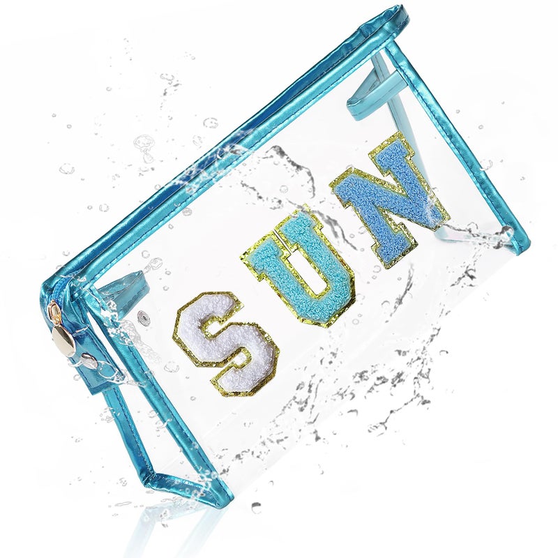 COSHAYSOO Clear Sunscreen Makeup Bag Beach Vacation Essentials Waterproof Summer Pool Must Have Accessories for Women Teen Girls Gifts, European Airplane Cruise Tropical Travel Toiletry Pouch Blue SUN - Image 1