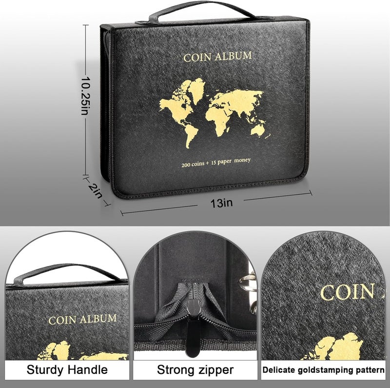 ANKHOH Coin Collection Book Holder for Collectors, 200 Pockets Coins Collecting Album & 30 Sleeves Paper Money Display Storage Case for Coin Currency Collection Supplies, Bill, Pennies, Quarters, Stamp - Image 2