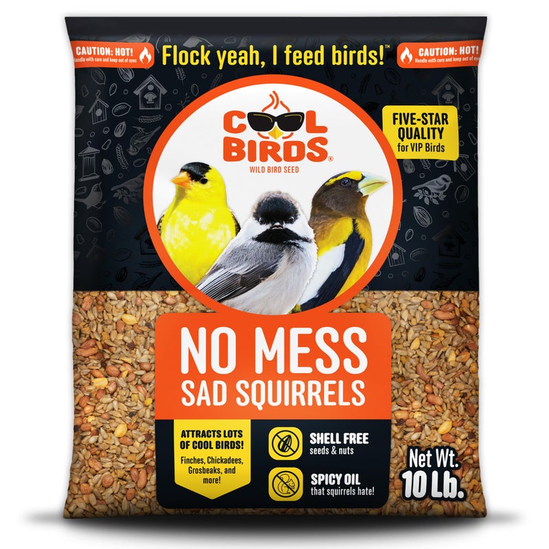 Cool Birds No Mess Sad Squirrels Hot Bird Seed - 10 lb. Spicy Shell-Free Blend with Peanuts, Sunflower Hearts & Chili Pepper Oil - No Waste, Squirrel-Resistant Bird Food for Outside Feeders - Image 1