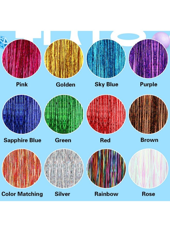 FEBSNOW 47 Inches Tinsel Hair Extension with Tool 2400 Strands 12 Mixed Colors Hair Extension Tinsel Kit Glitter Hair Extensions for Women Girls Hair Accessories for Christmas Halloween Cosplay Party - Image 2