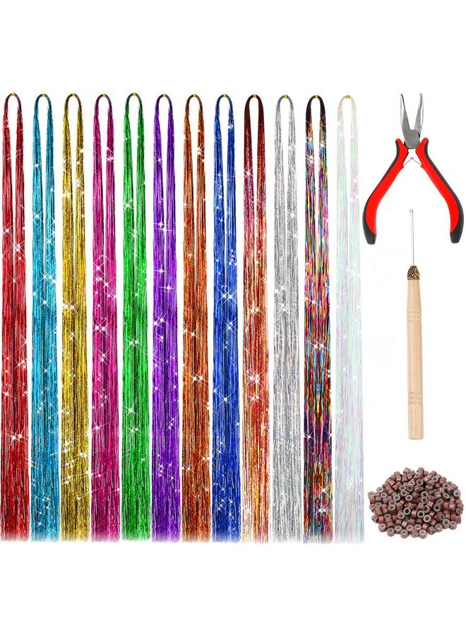 FEBSNOW 47 Inches Tinsel Hair Extension with Tool 2400 Strands 12 Mixed Colors Hair Extension Tinsel Kit Glitter Hair Extensions for Women Girls Hair Accessories for Christmas Halloween Cosplay Party - Image 1