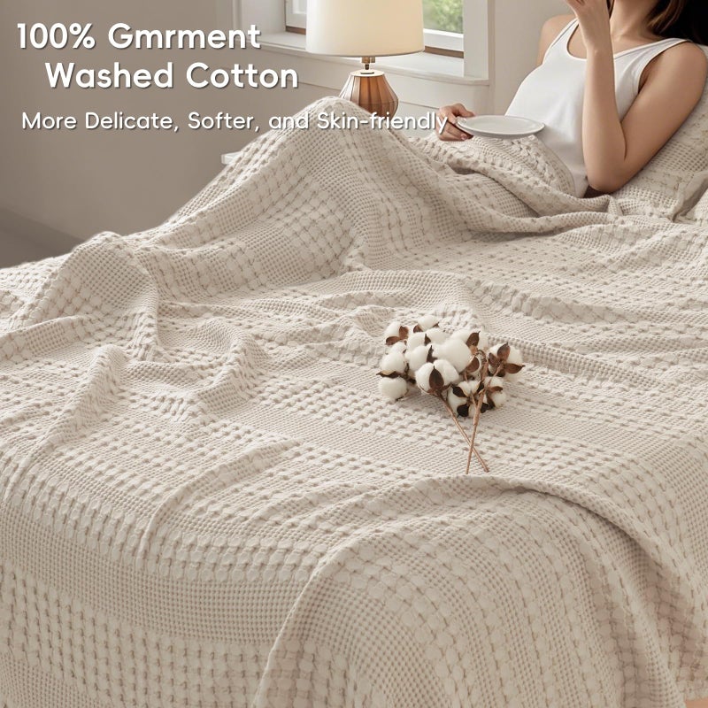 PHF PHF 100% Cotton Waffle Weave Blanket Queen Size, Soft Lightweight Breathable Cozy Blankets for Bed, Luxury Aesthetic Woven Bedding for Home Decor, 90"x90", Oatmeal  - Image 2