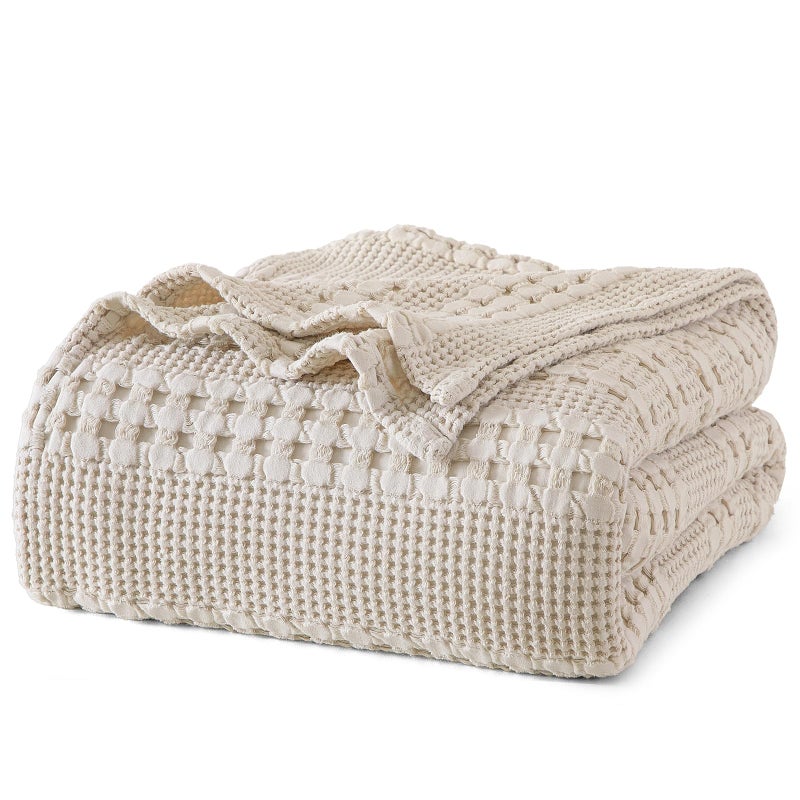 PHF PHF 100% Cotton Waffle Weave Blanket Queen Size, Soft Lightweight Breathable Cozy Blankets for Bed, Luxury Aesthetic Woven Bedding for Home Decor, 90"x90", Oatmeal  - Image 1