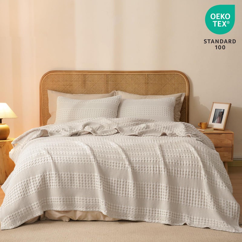 PHF PHF 100% Cotton Waffle Weave Blanket Queen Size, Soft Lightweight Breathable Cozy Blankets for Bed, Luxury Aesthetic Woven Bedding for Home Decor, 90"x90", Oatmeal  - Image 5