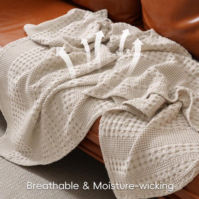PHF PHF 100% Cotton Waffle Weave Blanket Queen Size, Soft Lightweight Breathable Cozy Blankets for Bed, Luxury Aesthetic Woven Bedding for Home Decor, 90"x90", Oatmeal  - Image 3