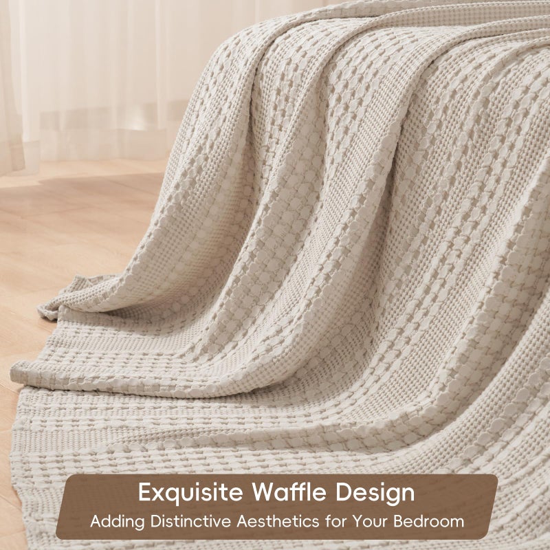 PHF PHF 100% Cotton Waffle Weave Blanket Queen Size, Soft Lightweight Breathable Cozy Blankets for Bed, Luxury Aesthetic Woven Bedding for Home Decor, 90"x90", Oatmeal  - Image 4