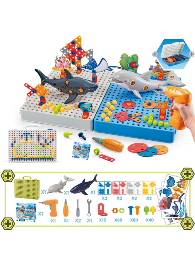 Children's Screw Assembly Toy Science And Education Stem Building Blocks Mushroom Nails Puzzle Toolbox Practical Birthday Gift-Color:Electric Drill Model [shark + Dolphin] 262pcs - Image 1