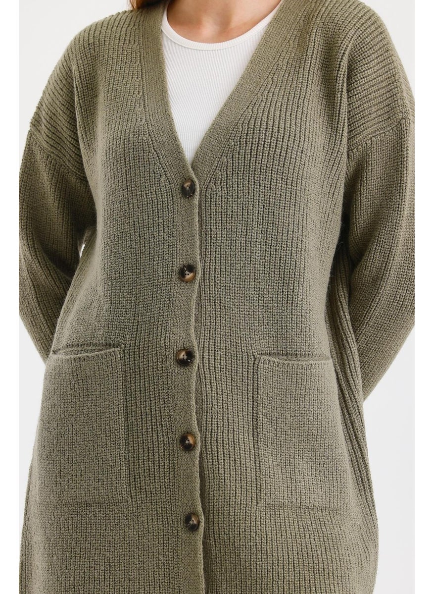 Women's Buttoned Oversize Pocket Long Khaki Knitted Cardigan - pzsku/ZC4D8003B83A554F67BAFZ/45/_/1734617415/a6bd38cd-27cb-4ec0-a044-e247ea86a8dc