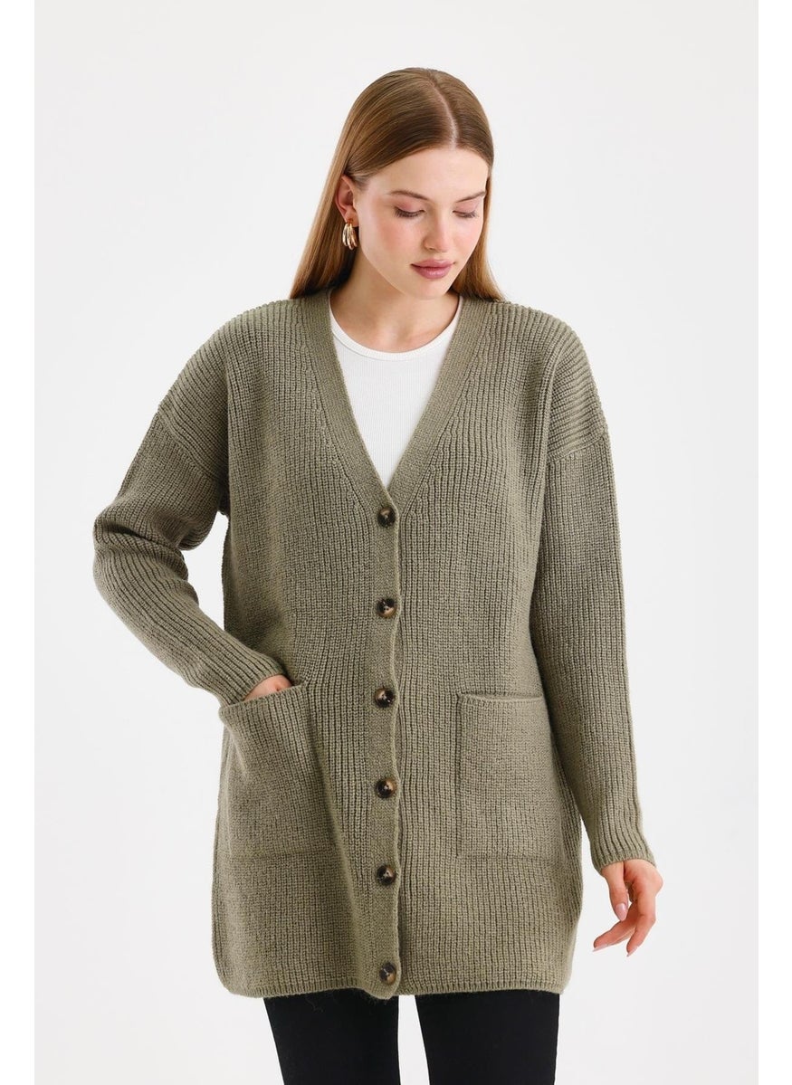 Women's Buttoned Oversize Pocket Long Khaki Knitted Cardigan - pzsku/ZC4D8003B83A554F67BAFZ/45/_/1734617449/a6d31f79-893d-4f22-8242-5dbc61d66994