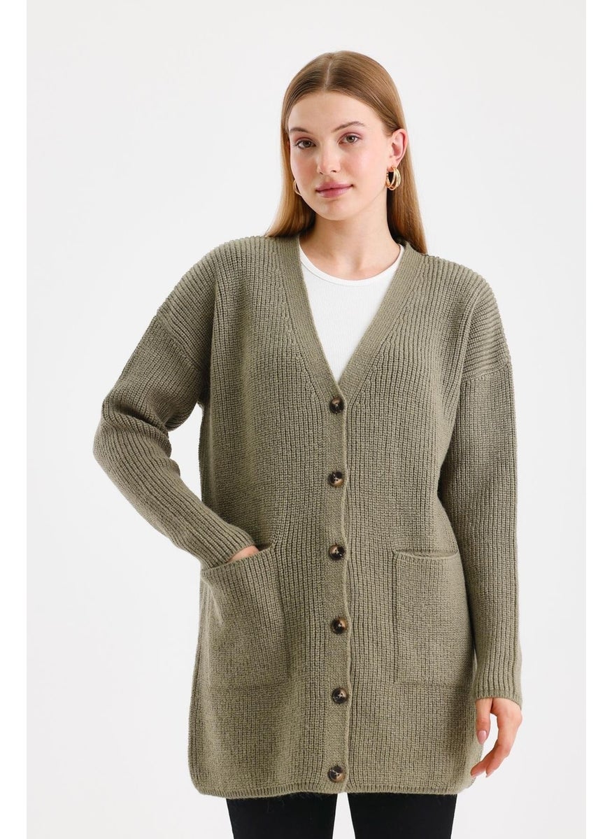 Women's Buttoned Oversize Pocket Long Khaki Knitted Cardigan - pzsku/ZC4D8003B83A554F67BAFZ/45/_/1734617470/7ed2421e-b4e9-48d8-ac37-2cd541109b12