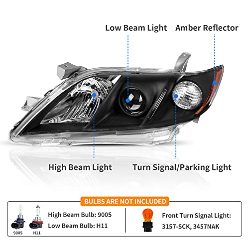 DWVO Projector Headlight Assembly Compatible with 07 08 09 2007 2008 2009 Camry Exclude Hybird Black Housing with Amber Reflector Clear Lens - Image 2