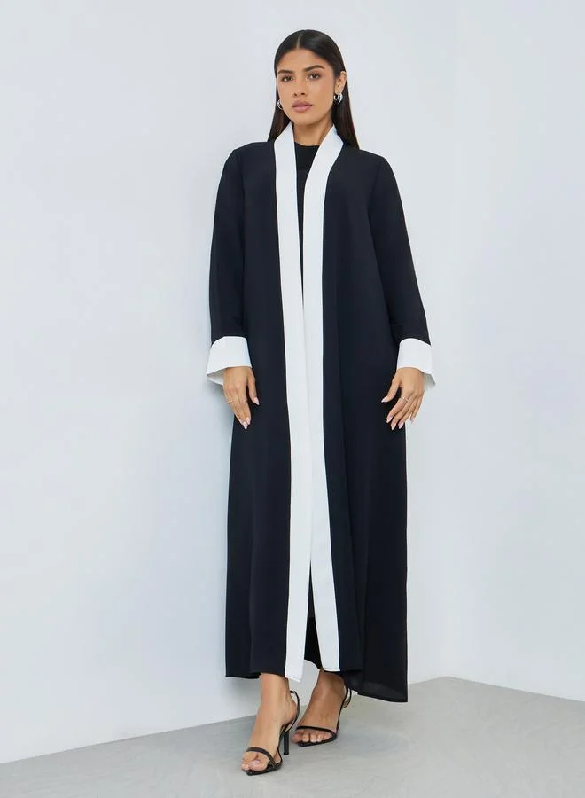 Black Contrast Panel Front Open Abaya
