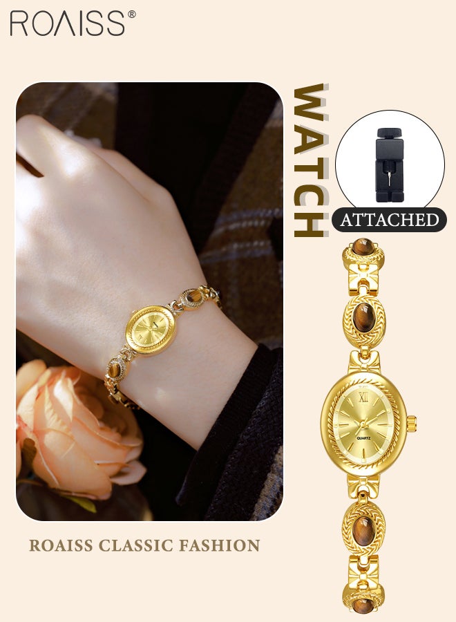 roaiss Women's Gold Watch Vintage Bracelet Luxury Natural Gemstone Oval Dial Analog Quartz Wristwatch as Gift for women - Image 1