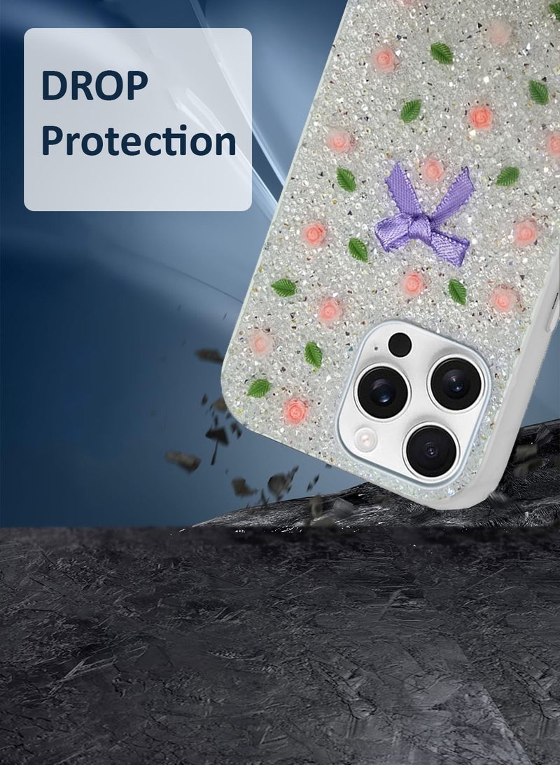 Techie Floral Luxury Sparkling Diamond Rhinestone Back Cover Case for Apple iPhone 16 Pro Max - White - Image 5