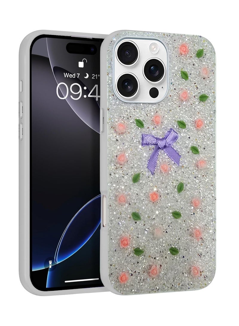 Techie Floral Luxury Sparkling Diamond Rhinestone Back Cover Case for Apple iPhone 16 Pro Max - White - Image 1