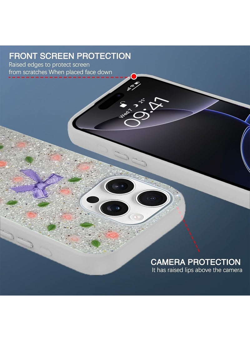 Techie Floral Luxury Sparkling Diamond Rhinestone Back Cover Case for Apple iPhone 16 Pro Max - White - Image 3