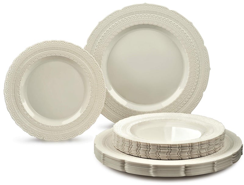 OCCASIONS  50 Plates Pack 25 GuestsExtra Heavyweight Vintage Wedding DisposableReusable Plastic Plates 25 x 11 Dinner  25 x 825 Saladdessert Chateau Collection Ivory
