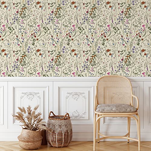 JiffDiff Wallpaper Self-Adhesive Blooming Vintage Colourful Flowers Wall Paper for Bedroom Living Room Cabinet, Peel and Stick Beige Sketch Little Flowers Wallpaper Mural 14.2 sq. feet (118.1"x17.3") - Image 4