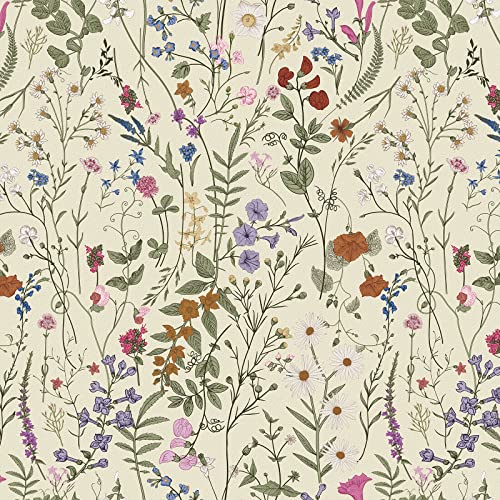 JiffDiff Wallpaper Self-Adhesive Blooming Vintage Colourful Flowers Wall Paper for Bedroom Living Room Cabinet, Peel and Stick Beige Sketch Little Flowers Wallpaper Mural 14.2 sq. feet (118.1"x17.3") - Image 3