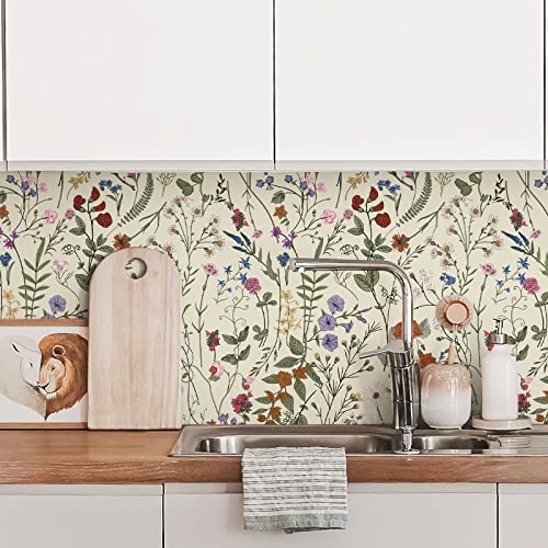 JiffDiff Wallpaper Self-Adhesive Blooming Vintage Colourful Flowers Wall Paper for Bedroom Living Room Cabinet, Peel and Stick Beige Sketch Little Flowers Wallpaper Mural 14.2 sq. feet (118.1"x17.3") - Image 2