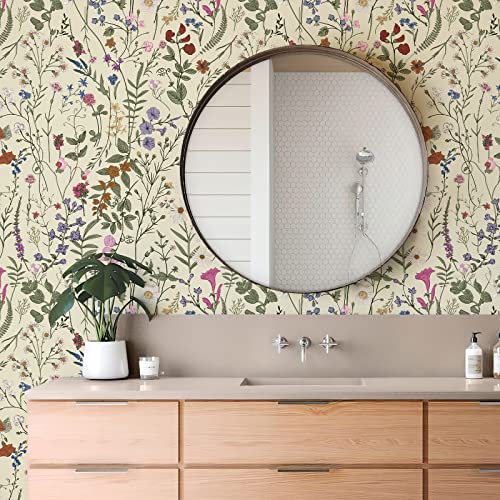 JiffDiff Wallpaper Self-Adhesive Blooming Vintage Colourful Flowers Wall Paper for Bedroom Living Room Cabinet, Peel and Stick Beige Sketch Little Flowers Wallpaper Mural 14.2 sq. feet (118.1"x17.3") - Image 5