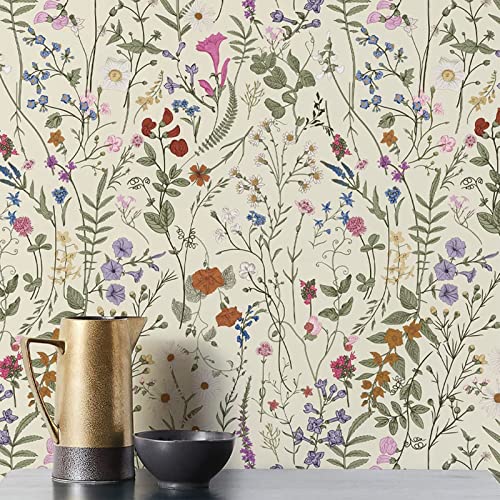 JiffDiff Wallpaper Self-Adhesive Blooming Vintage Colourful Flowers Wall Paper for Bedroom Living Room Cabinet, Peel and Stick Beige Sketch Little Flowers Wallpaper Mural 14.2 sq. feet (118.1"x17.3") - Image 1
