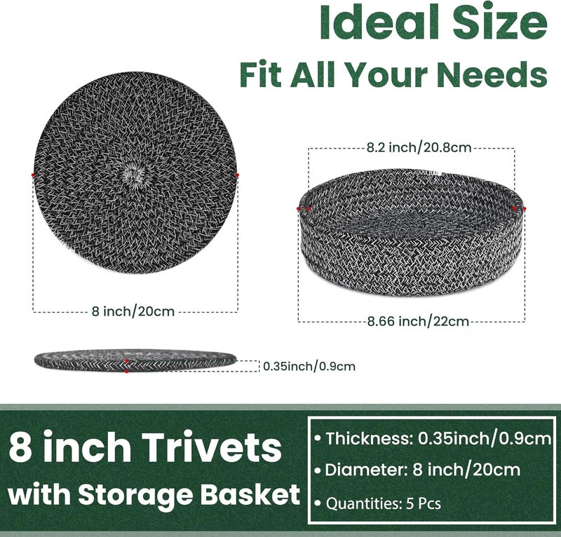 KITLAB 8 Inch Trivets for Hot Dishes Hot Pots and Pans Thick Heat Resistant Large Coaster for Kitchen Hot Pads Kitchen Essentials Kitchen Decor for Table  Countertop with Storage Basket 5 Pcs - Image 2