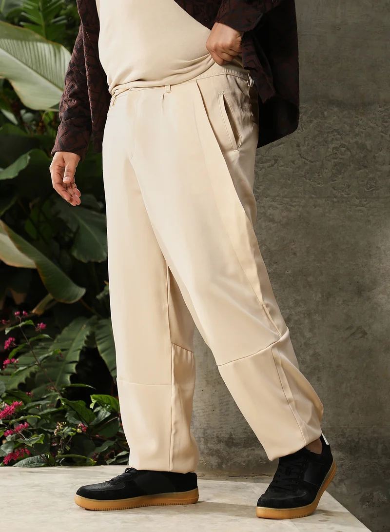 Instafab Plus  Instafab Plus Men's Cream White Twill-Panelled Chino Trousers | Mid Rise , Straight Hem , Button Closure | Solid Twill Polyester Material For Street & Casual Wear for Men | Best Price UAE