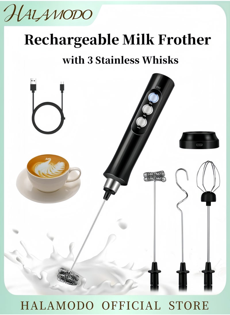 HALAMODO - Rechargeable Milk Frother with 3 Stainless Whisks Handheld Multi-functional Electric Foam Maker Strong Blender 3-Speed Adjustable Mini Milk Foamer for Coffee & Egg & Cream Whipping - Image 1