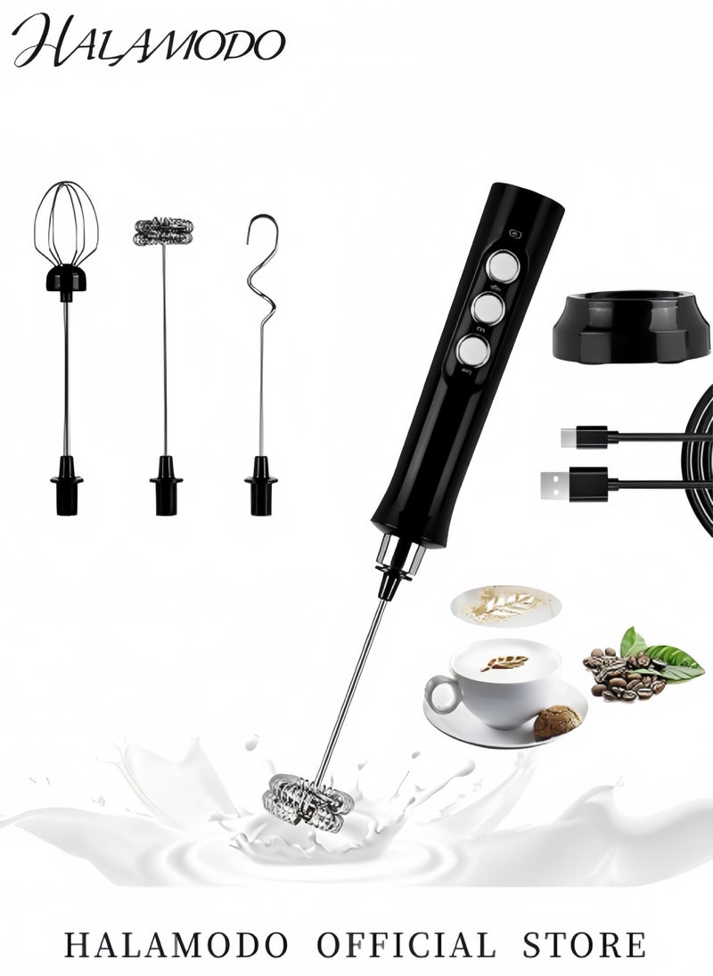 HALAMODO - Rechargeable Milk Frother with 3 Stainless Whisks Handheld Multi-functional Electric Foam Maker Strong Blender 3-Speed Adjustable Mini Milk Foamer for Coffee & Egg & Cream Whipping - Image 1