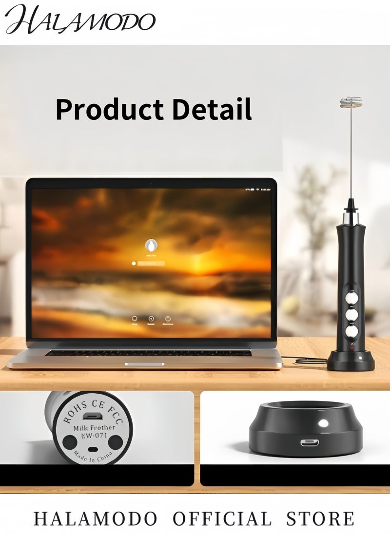 HALAMODO - Rechargeable Milk Frother with 3 Stainless Whisks Handheld Multi-functional Electric Foam Maker Strong Blender 3-Speed Adjustable Mini Milk Foamer for Coffee & Egg & Cream Whipping - Image 1