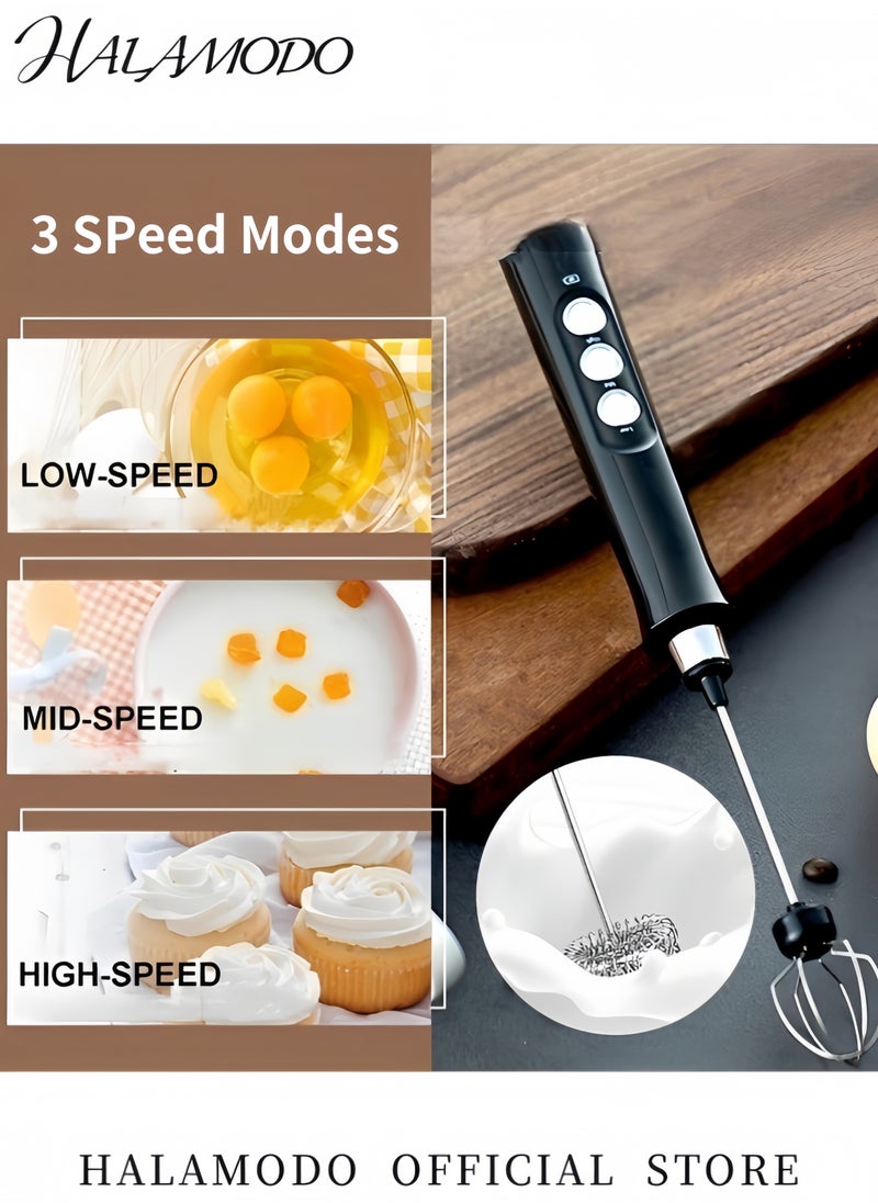 HALAMODO - Rechargeable Milk Frother with 3 Stainless Whisks Handheld Multi-functional Electric Foam Maker Strong Blender 3-Speed Adjustable Mini Milk Foamer for Coffee & Egg & Cream Whipping - Image 1