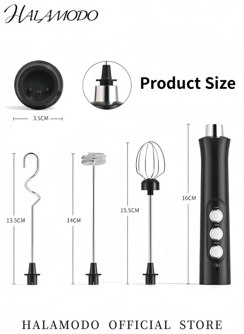 HALAMODO - Rechargeable Milk Frother with 3 Stainless Whisks Handheld Multi-functional Electric Foam Maker Strong Blender 3-Speed Adjustable Mini Milk Foamer for Coffee & Egg & Cream Whipping - Image 1