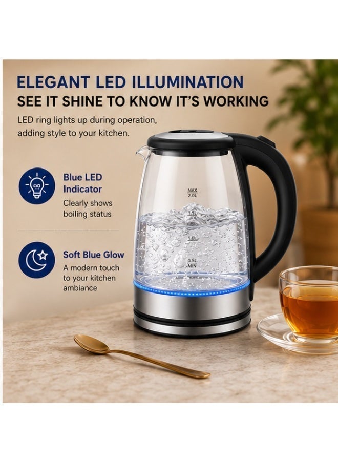 غلاية زجاج كهربائية فاخرة، 1500 واط، 1.8 لتر، غلاية ماء متعددة الاستخدامات مع إضاءة LED زرقاء، قاعدة دوارة 360 درجة، مؤشر مستوى الماء، إيقاف تلقائي وحماية من التشغيل الجاف، مثالية لغلي الماء والحليب والشاي والقهوة، أسود، TY-GKT2129 - Image 5