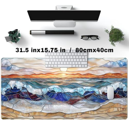 YKJWW Mountain Sunrise Gaming Mouse Pad Large Desk Mat Extended Mouse and Keyboard Pad, Faux Stained Glass Nature Mousepad with Stitched Edge Mouse Desk Pad Computer Mat Soft Aesthetic Decor 31.5 X 15.7 in - Image 3