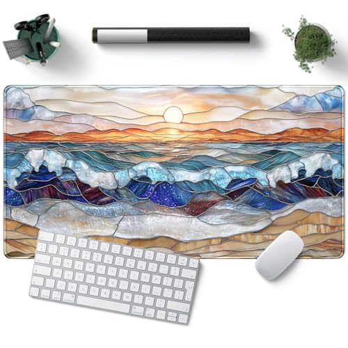 YKJWW Mountain Sunrise Gaming Mouse Pad Large Desk Mat Extended Mouse and Keyboard Pad, Faux Stained Glass Nature Mousepad with Stitched Edge Mouse Desk Pad Computer Mat Soft Aesthetic Decor 31.5 X 15.7 in - Image 1