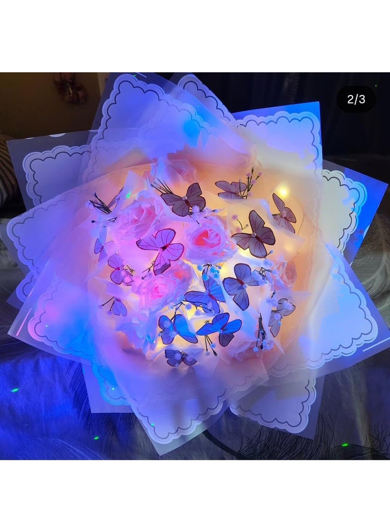 بوكيه ورد وردي فاخر مع فراشات وإضاءة LED – هدية رومانسية أنيقة - Image 3