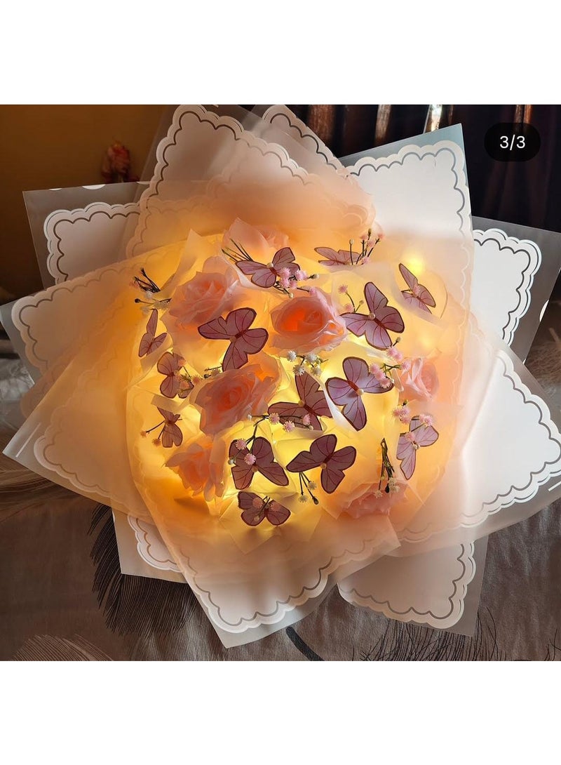 بوكيه ورد وردي فاخر مع فراشات وإضاءة LED – هدية رومانسية أنيقة - Image 2