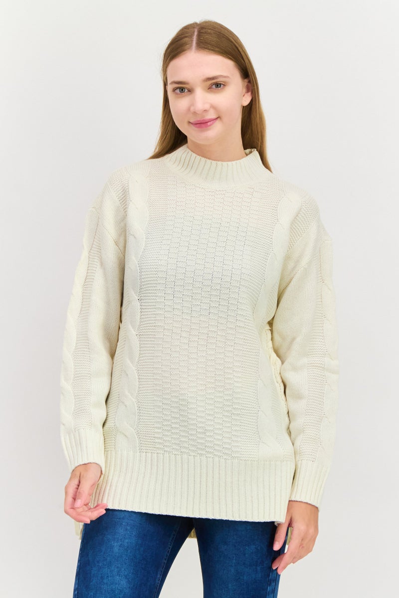 Black Tape Women Crew Neck Knitted Sweater, Cream  - Image 1