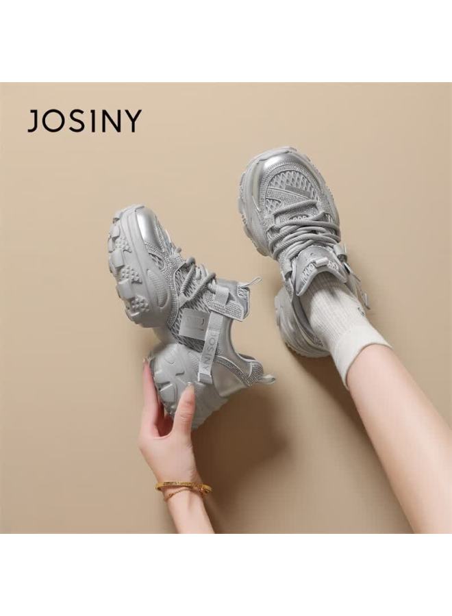 Josiny Zhuoshini Women's Thick Sole Dad Sneakers   Slimming Sports Casual Shoes Height Increasing Silver Size 39 - Image 1