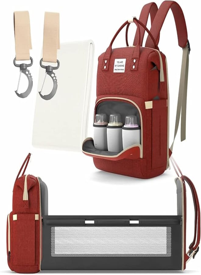 Multifunctional 3 in 1 Diaper Bag with Changing Station | Diaper Bag Backpack with Bassinet | Travel Baby Bed, Red,