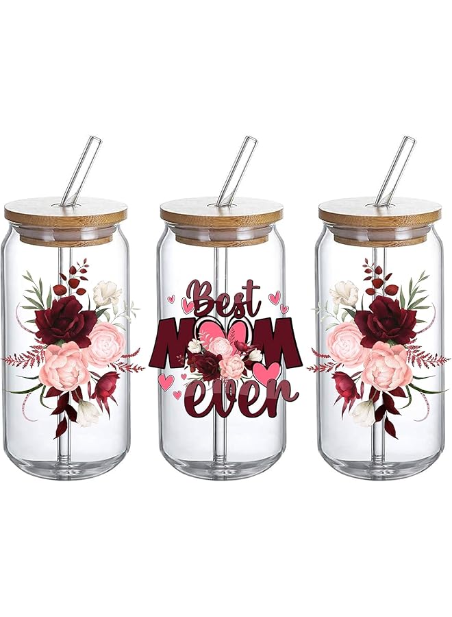 إيروريكس غلاف أكواب زجاجية Uv Dtf، نقل Uvdtf، تصميم زهرة مقاوم للماء، لأكواب زجاجية سعة 16 أونصة، هدايا للنساء، 3 قطع، الطراز 5 - Image 1