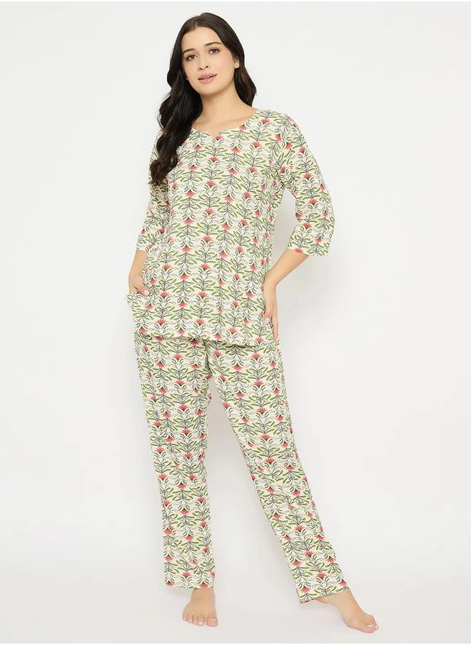 Clovia Clovia All-Over Print Notch Neck Top and Pyjama Set