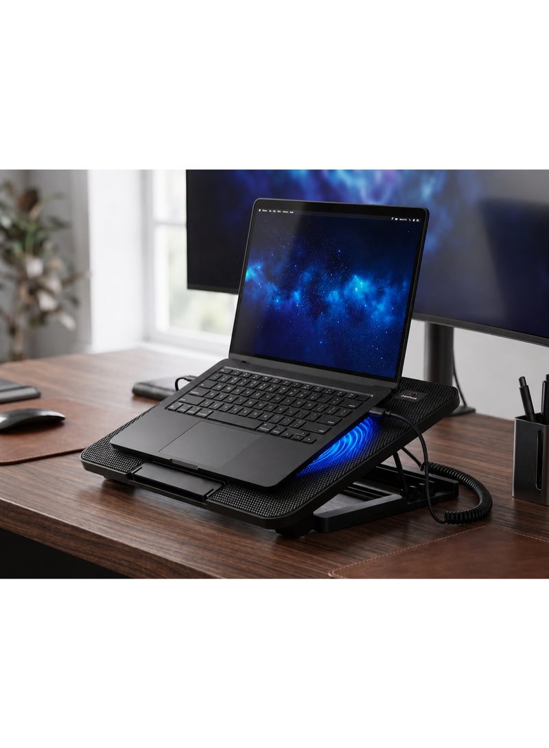 جاما قاعدة تبريد للكمبيوتر المحمول GT-99 (تدعم الأجهزة حتى مقاس 17 بوصة)، مزودة بمروحتين تبريد بإضاءة LED زرقاء، وحامل مريح قابل للتعديل بمستويات ارتفاع وزوايا متعددة، ومنفذي USB، وتحكم في سرعة المراوح، وتصميم مانع للانزلاق؛ مناسبة للألعاب والمكاتب والدراسة والاستخدام اليومي. - Image 2